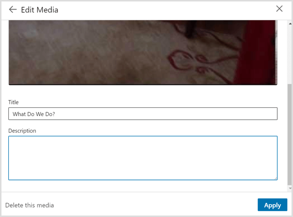 Okno dialogowe Edytuj multimedia, które widzisz, gdy łączysz się z filmem w swoim profilu LinkedIn
