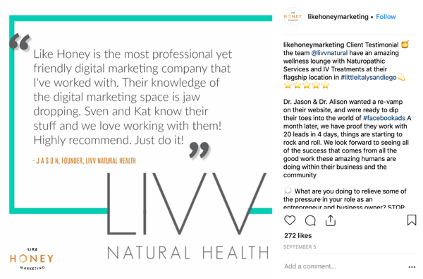 Przykład postu na Instagramie z historią klienta autorstwa Like Honey Marketing.