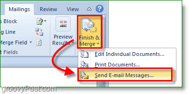 Zrzut ekranu programu Outlook 2010 — zakończ, scal i wyślij wiadomości e-mail