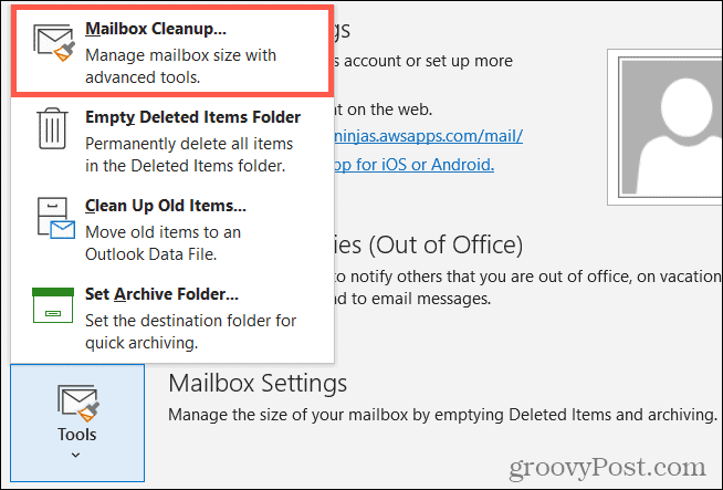 Narzędzia, czyszczenie skrzynki pocztowej w Outlooku