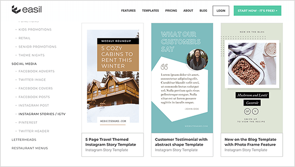 Szablony Easil z Instagram Stories lub Instagram TV umożliwiają tworzenie profesjonalnych obrazów. Przykładowe szablony, które można dostosować, obejmują tytuł 5 Przytulnych domków do wynajęcia tej zimy na zdjęciu kabiny, tytuł Co mówią nasi klienci ze zdjęciem w kręgu i cytatem klienta na białym tle oraz tytułem Nowość na blogu ze zdjęciem jedzenia i tytułem wpisu na blogu pod zdjęcie.