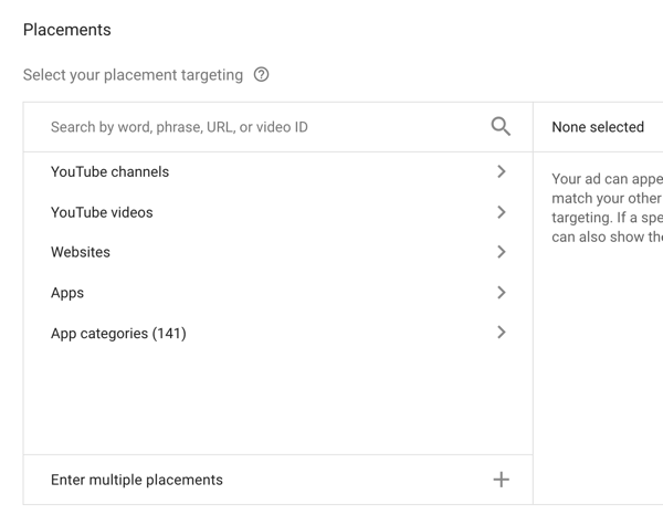 Jak skonfigurować kampanię reklamową YouTube, krok 33, opcje kierowania na miejsca docelowe