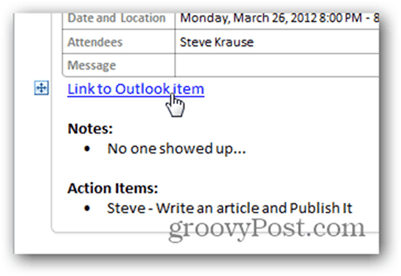 Kliknij Link z powrotem do elementu kalendarza programu Outlook