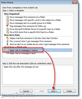 program Outlook stosuje regułę do otrzymywanych wiadomości