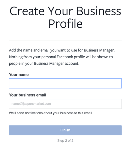 Wpisz swoje imię i nazwisko oraz służbowy adres e-mail, aby zakończyć konfigurację konta Facebook Business Manager.