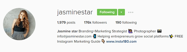 Biografia profilu Jasmine Star na Instagramie pokazuje jej wartość.
