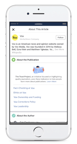Facebook rozpocznie wyświetlanie nowych wskaźników zaufania wydawców dla artykułów udostępnianych w kanale aktualności.